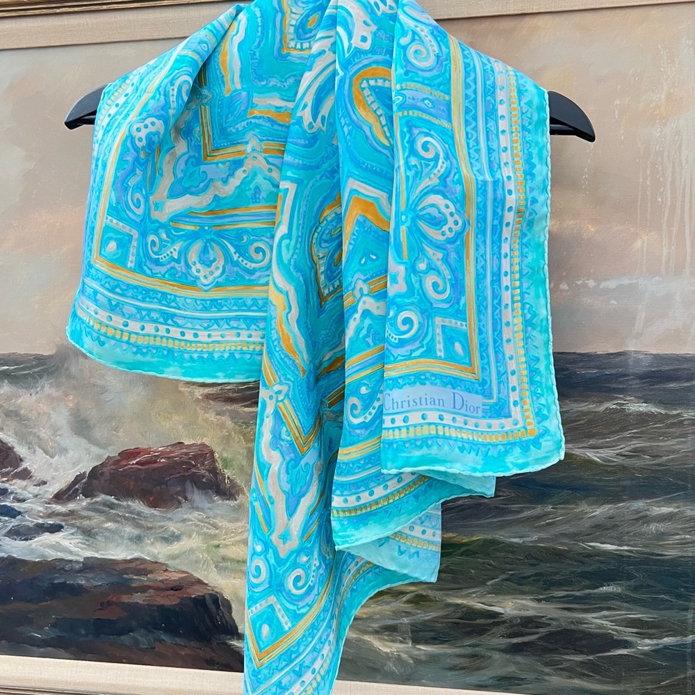 Auth DIOR Silk Scarf • Monet Aquamarine RARE Retrograde Watercolor Authentic